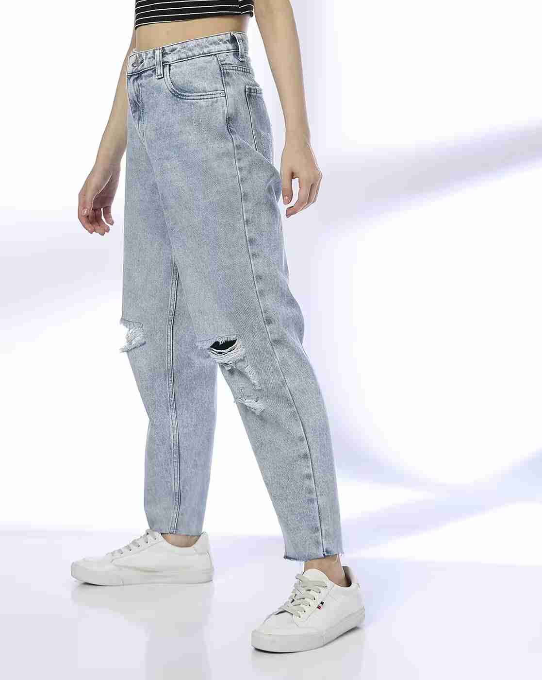 DNMX | Women Heavily Washed Distressed Relaxed Jeans|1