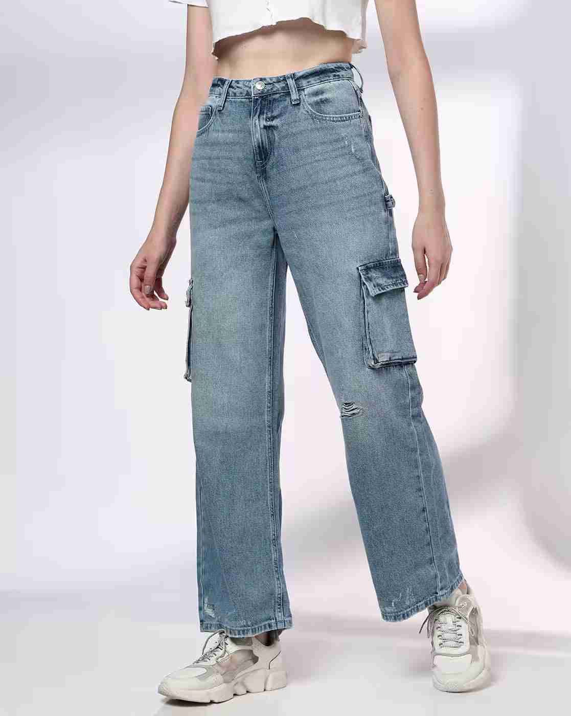 DNMX | Women Mid-Wash Distressed Wide-Leg Jeans|0