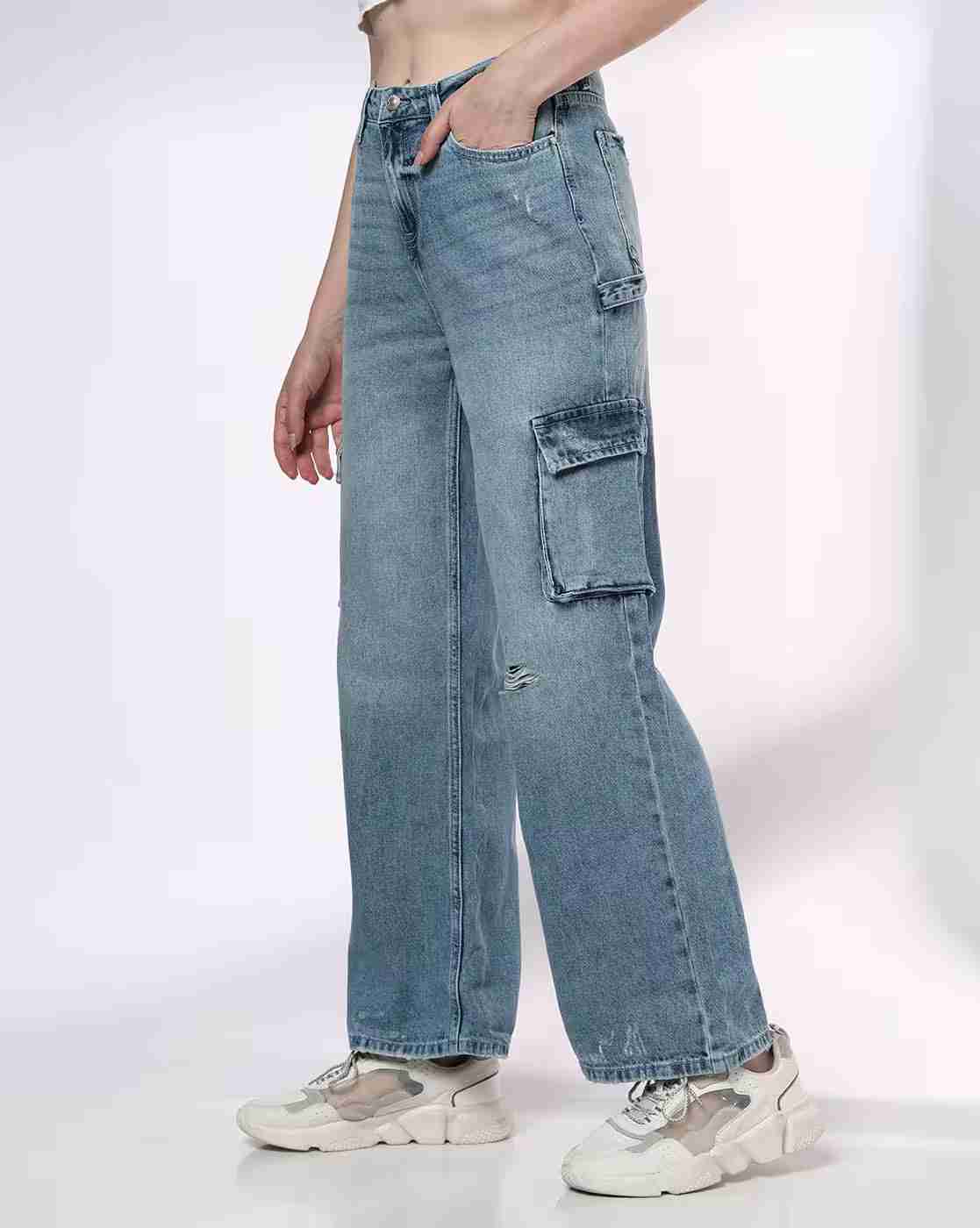 DNMX | Women Mid-Wash Distressed Wide-Leg Jeans|1