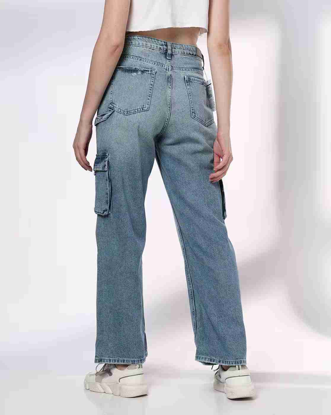 DNMX | Women Mid-Wash Distressed Wide-Leg Jeans|2