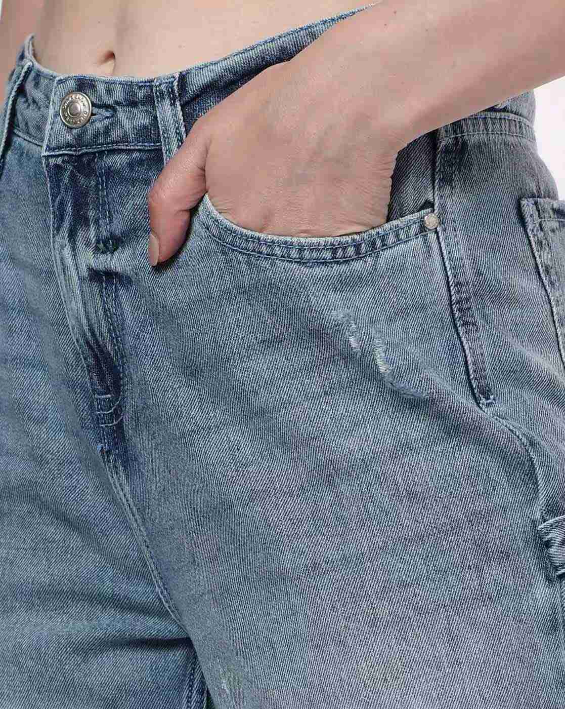 DNMX | Women Mid-Wash Distressed Wide-Leg Jeans|3