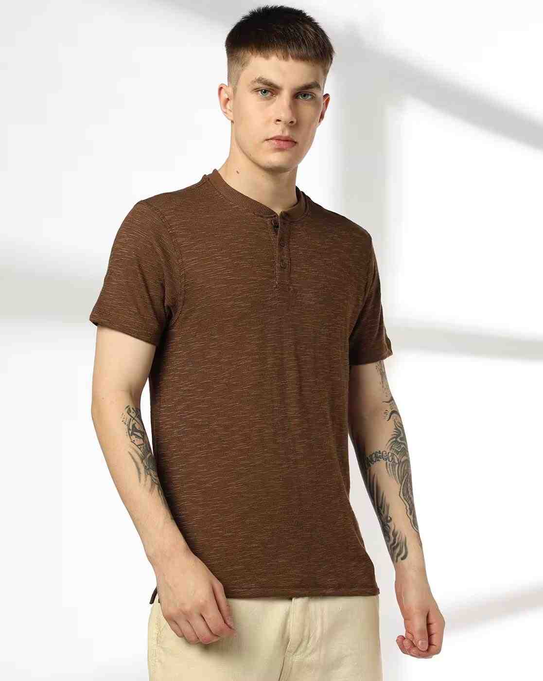 DNMX | Men Heathered Regular Fit Henley T-Shirt|0