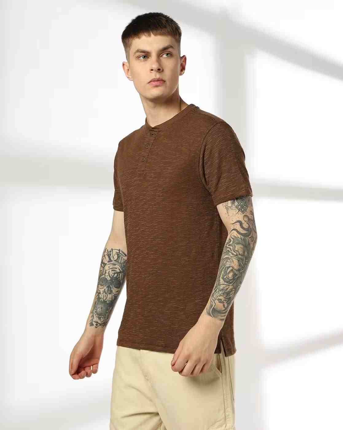 DNMX | Men Heathered Regular Fit Henley T-Shirt|1