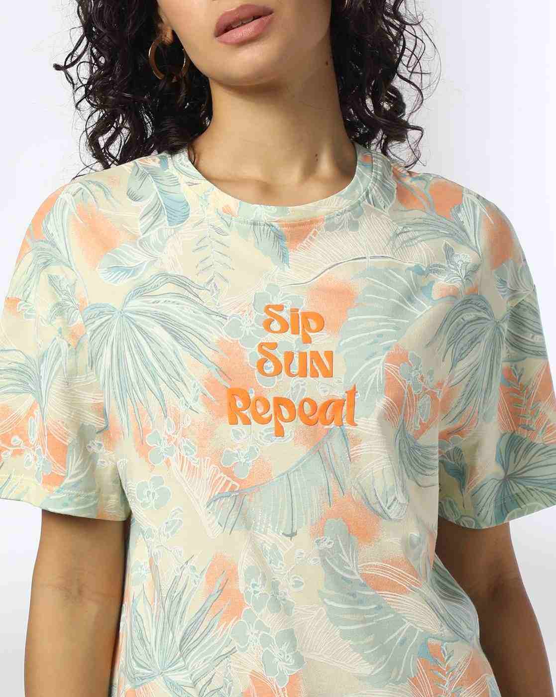 DNMX | Women Sip Sun Print Relaxed Fit Crew-Neck T-Shirt|3