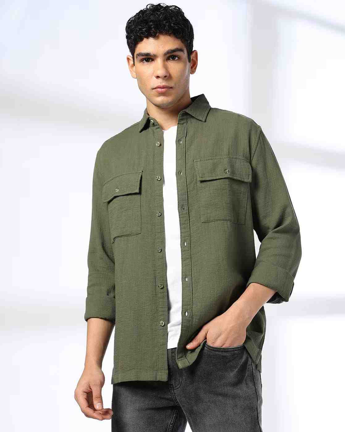 DNMX | Men Regular Fit Cotton Shirt with Flap Pockets|0