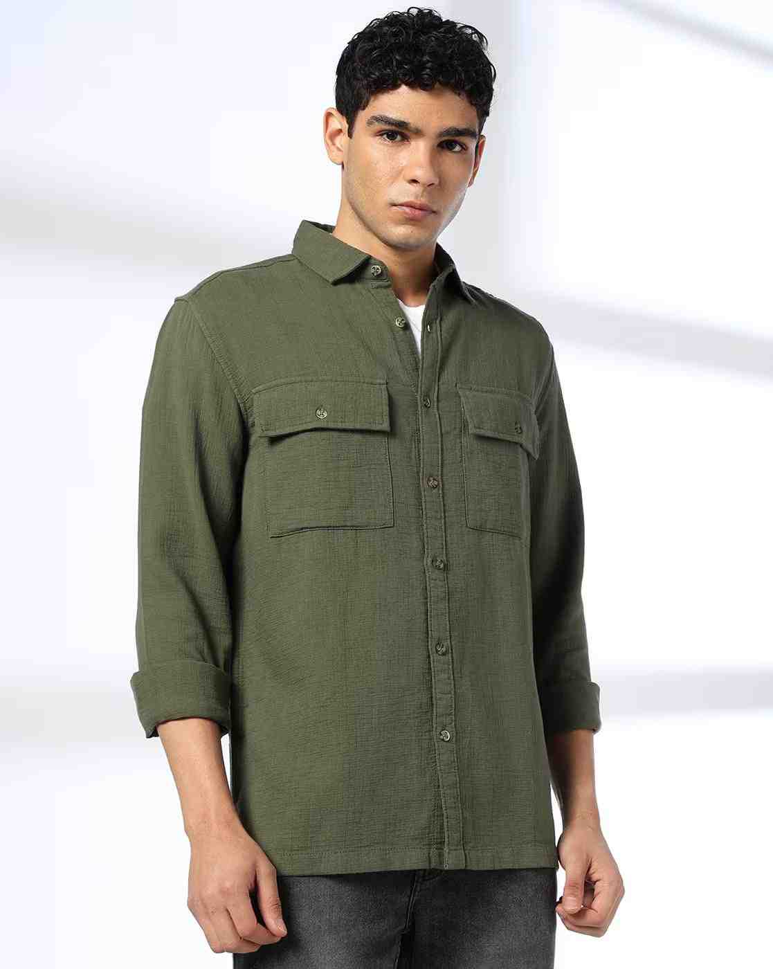 DNMX | Men Regular Fit Cotton Shirt with Flap Pockets|4