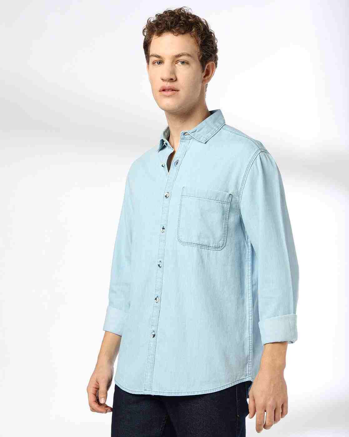 DNMX | Men Slim Fit Denim Shirt with Patch Pocket|0