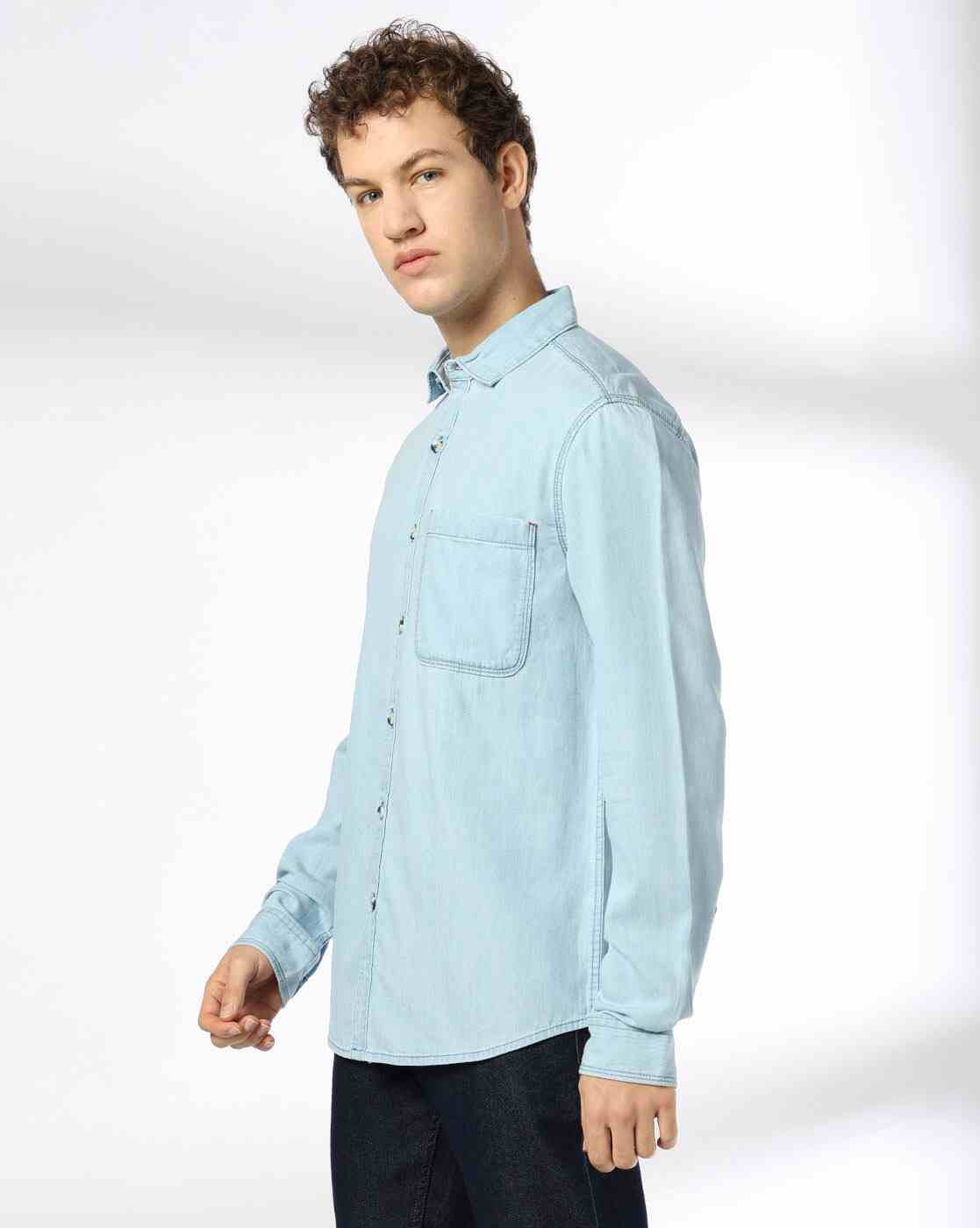 DNMX | Men Slim Fit Denim Shirt with Patch Pocket|1