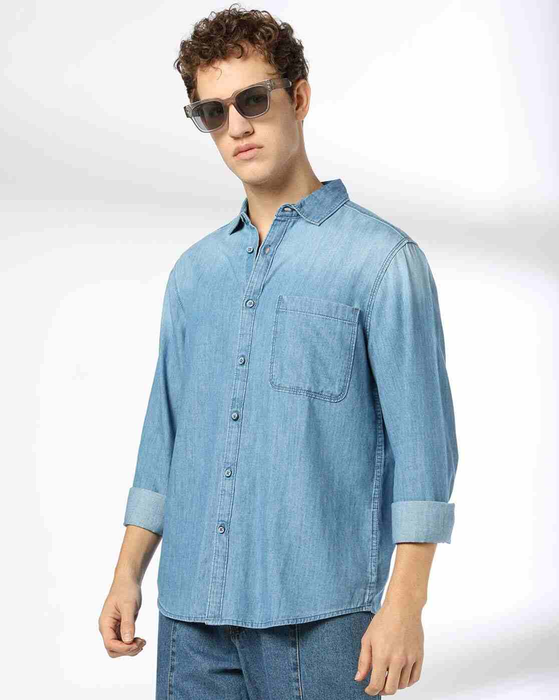 DNMX | Men Slim Fit Denim Shirt with Patch Pocket|0