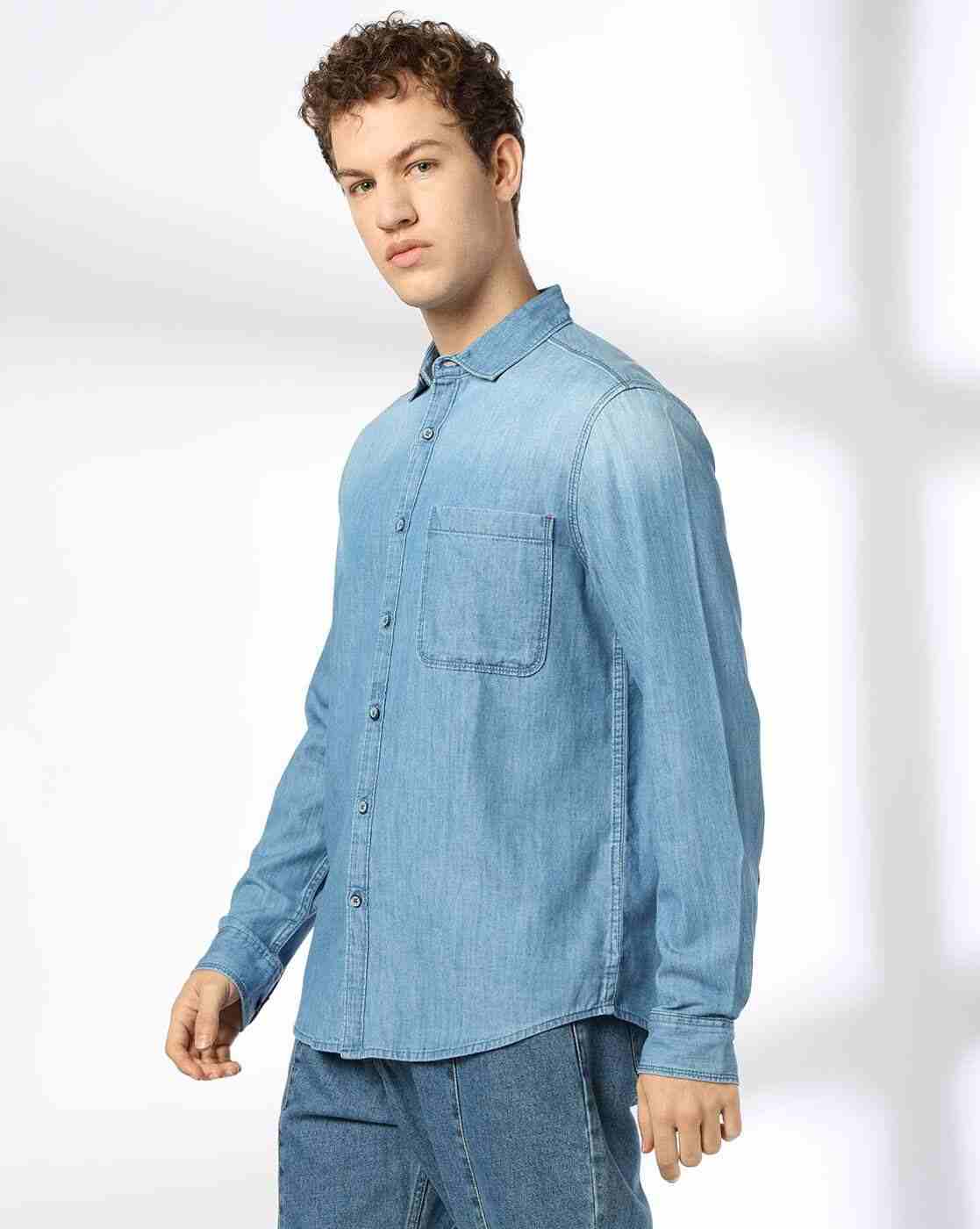 DNMX | Men Slim Fit Denim Shirt with Patch Pocket|1