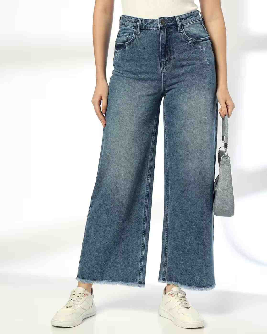 DNMX | Women Mid-Wash Wide-Leg Jeans|0