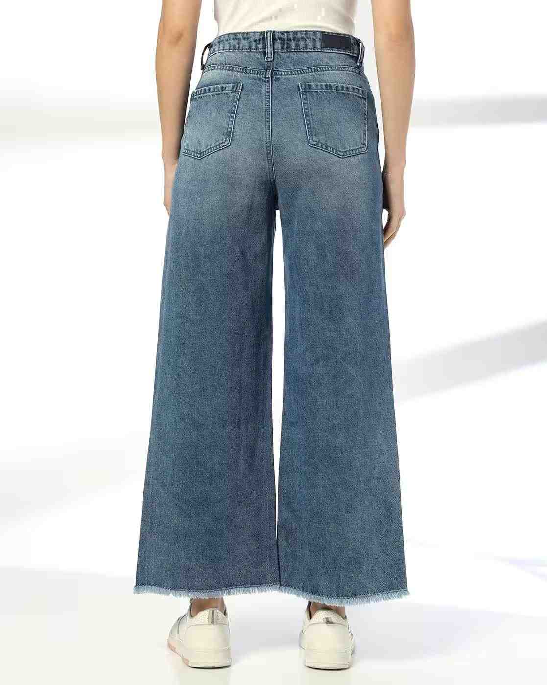 DNMX | Women Mid-Wash Wide-Leg Jeans|2