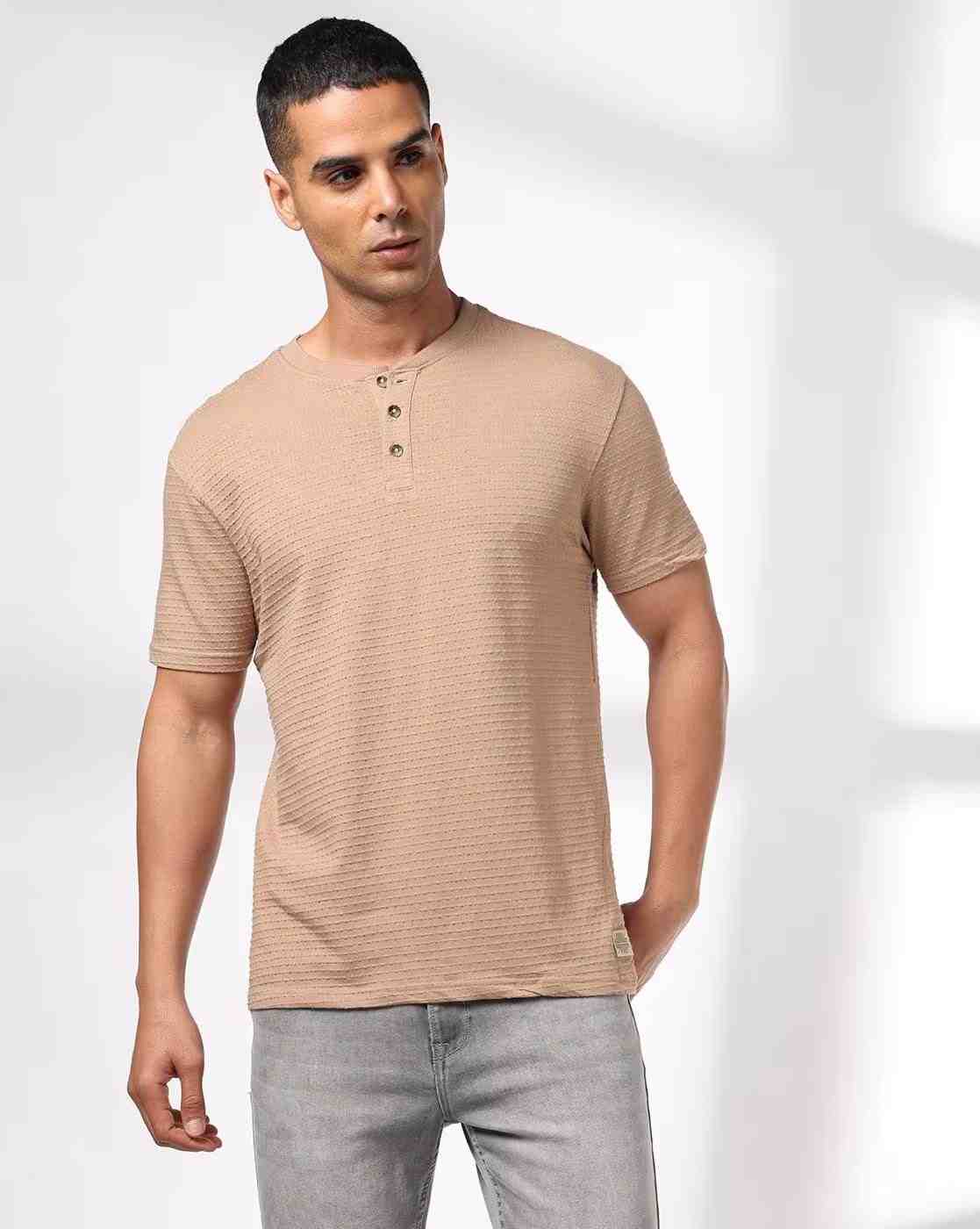 DNMX | Men Ribbed Regular Fit Henley T-Shirt|0