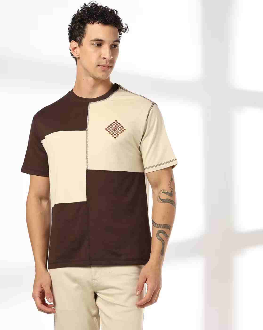 DNMX | Men Colourblock Relaxed Fit Crew-Neck T-Shirt|0