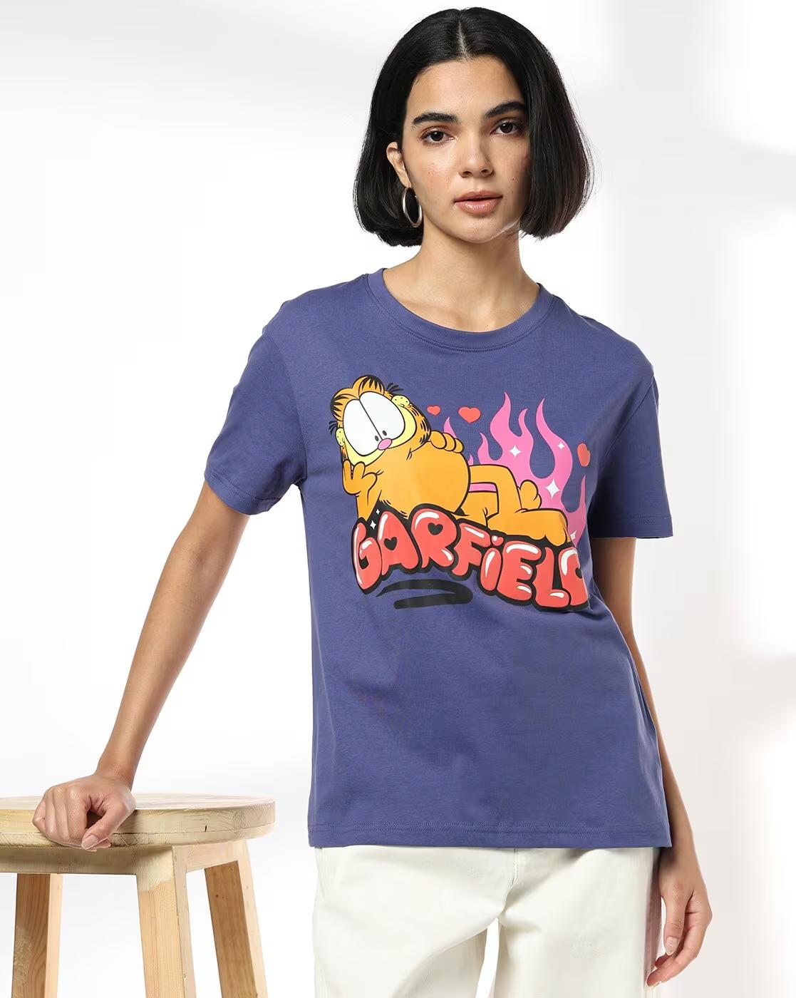 DNMX | Women Garfield Print Loose Fit Crew-Neck T-Shirt|0