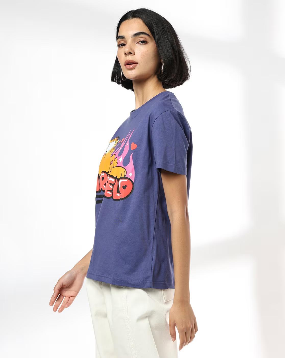 DNMX | Women Garfield Print Loose Fit Crew-Neck T-Shirt|1
