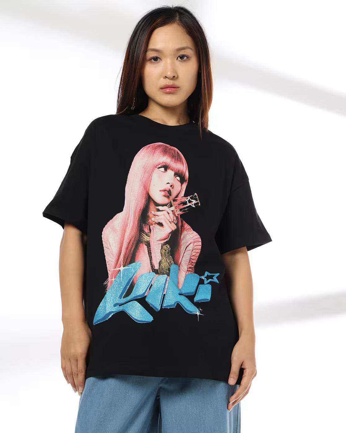 DNMX | Women Graphic Print Oversized Crew-Neck T-Shirt|0