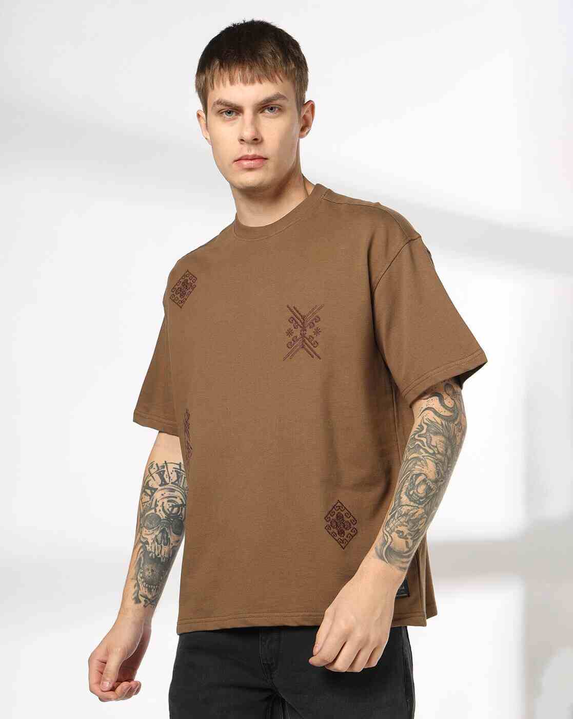 DNMX | Men Embroidered Boxy Fit Crew-Neck T-Shirt|3
