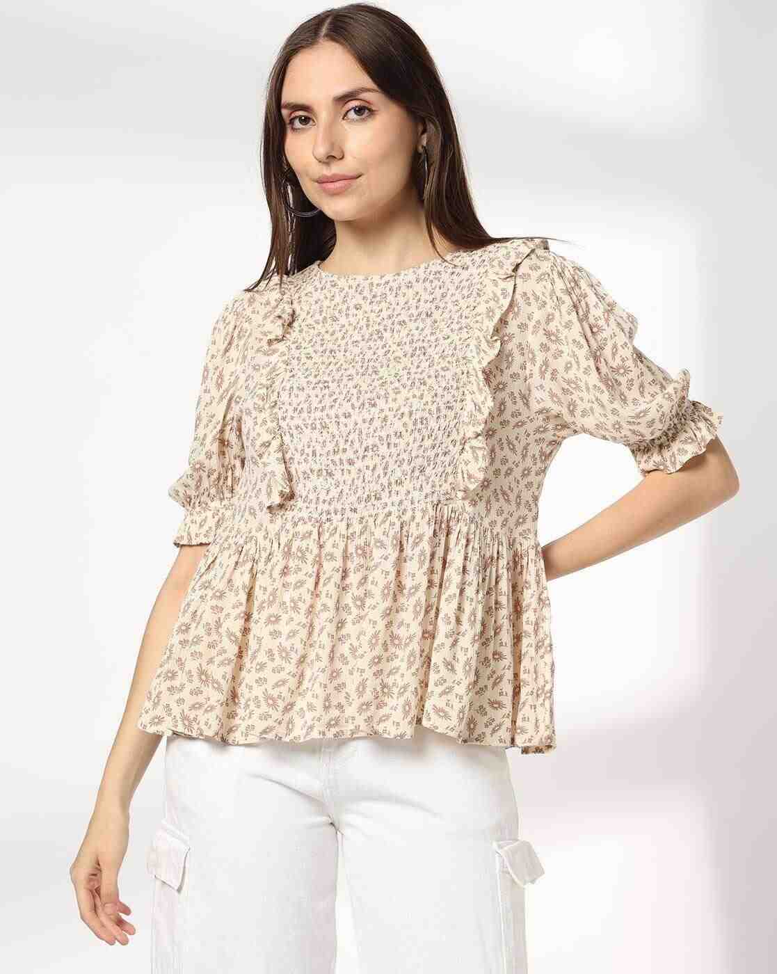 DNMX | Women Printed Peplum Top with Smocking|0
