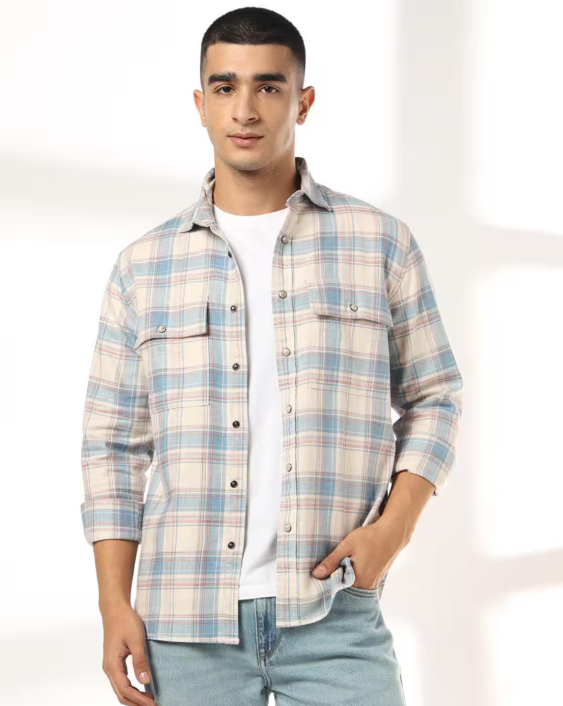 DNMX | Men Checked Regular Fit Shirts with Flap Pockets|0