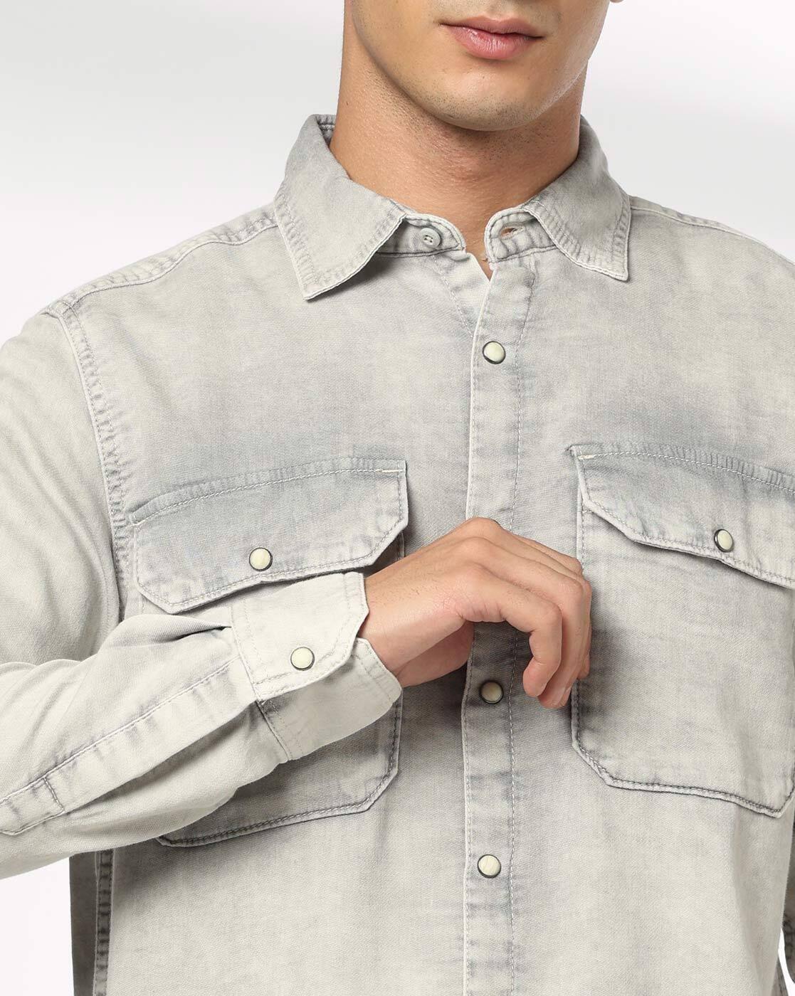 DNMX | Men Washed Regular Fit Shirt with Flap Pockets|4