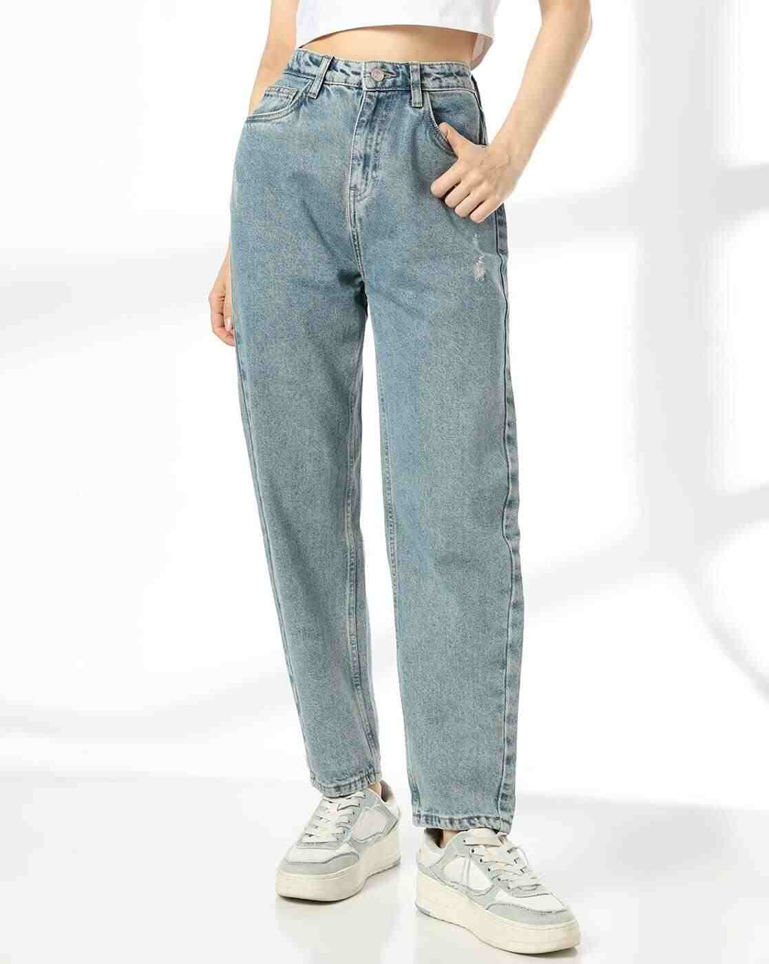 DNMX | Women Lightly Washed Distressed Mom Fit Jeans|0