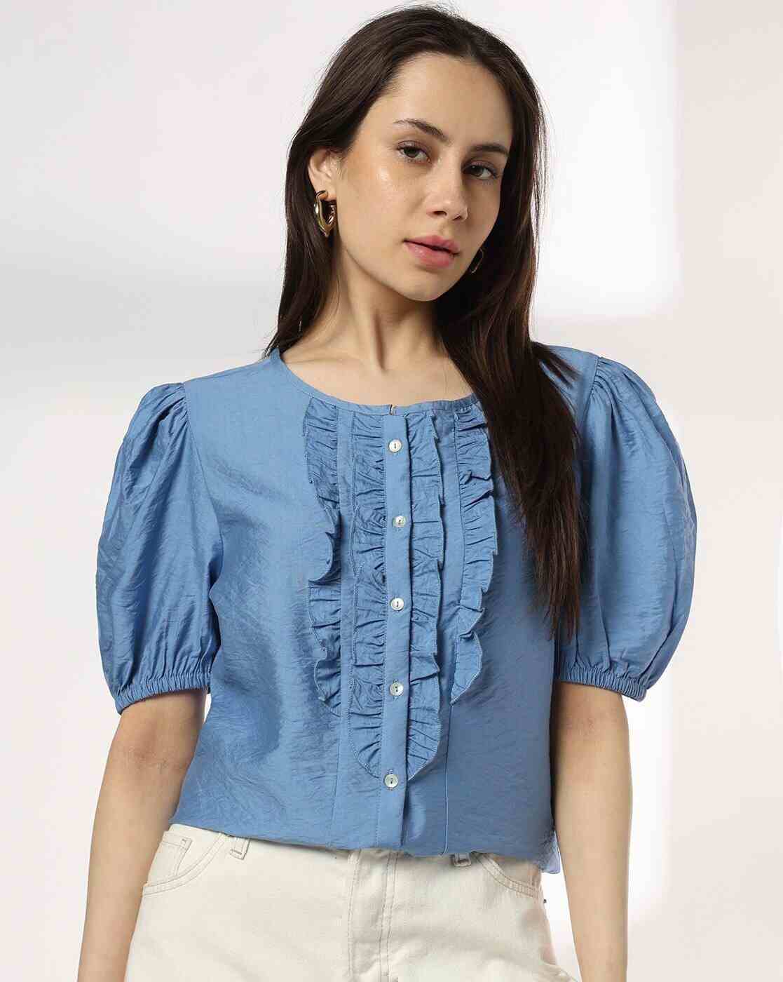 DNMX | Women Relaxed Fit Round-Neck Ruffled Top|0