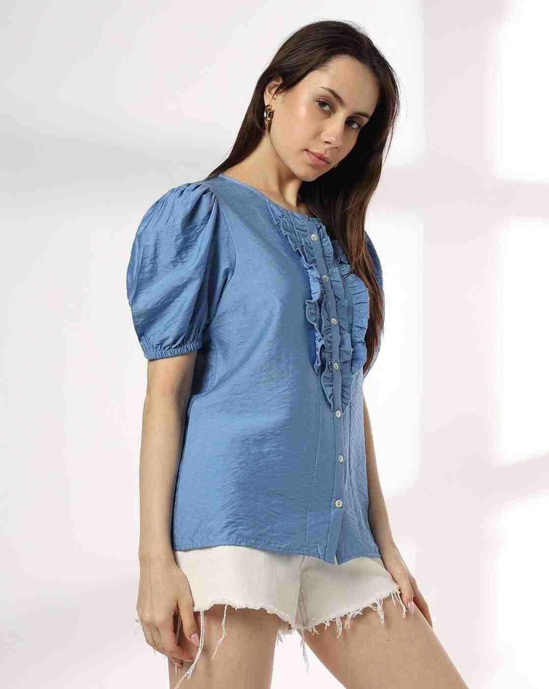 DNMX | Women Relaxed Fit Round-Neck Ruffled Top|1