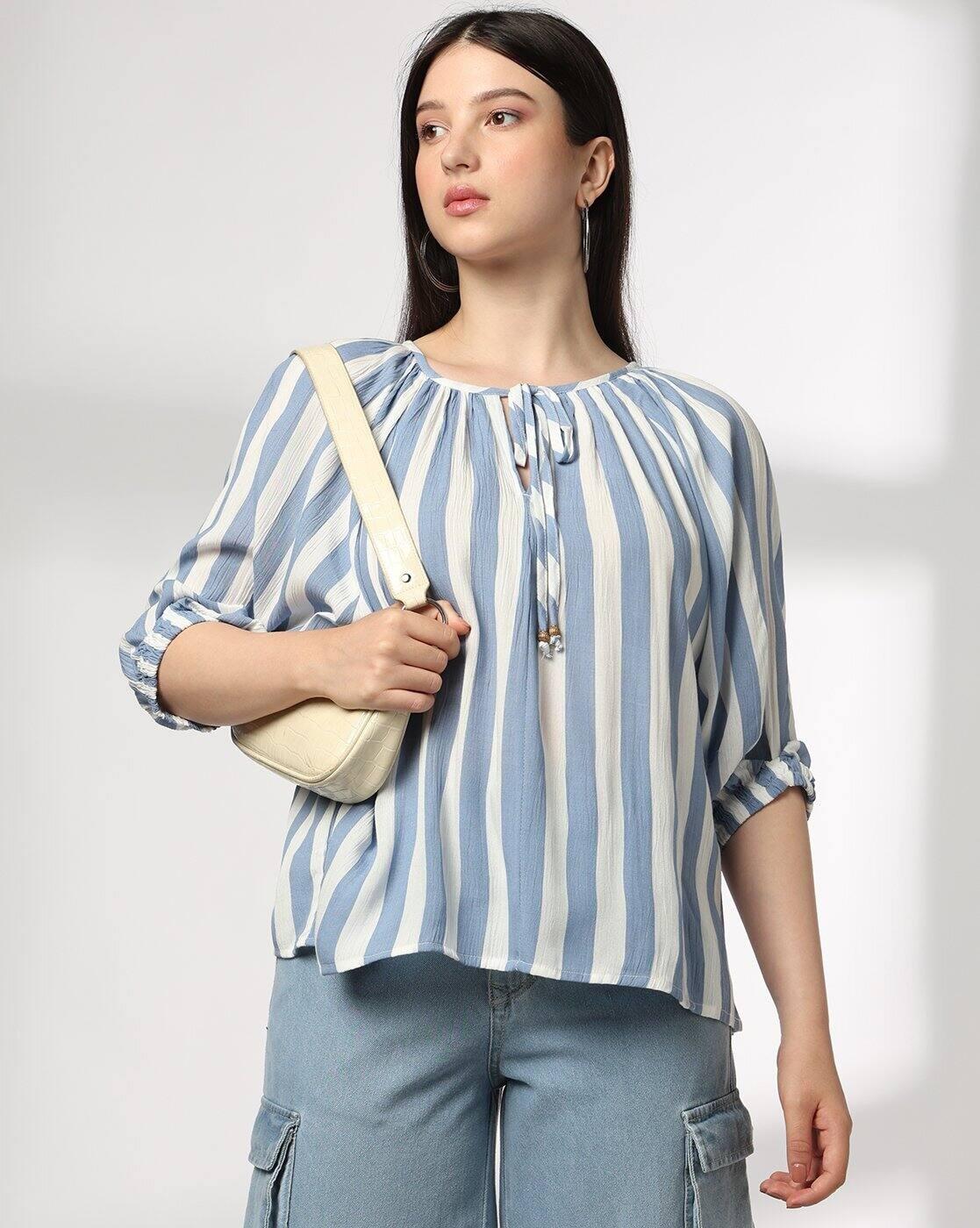 DNMX | Women Striped Relaxed Fit Round-Neck Top|0