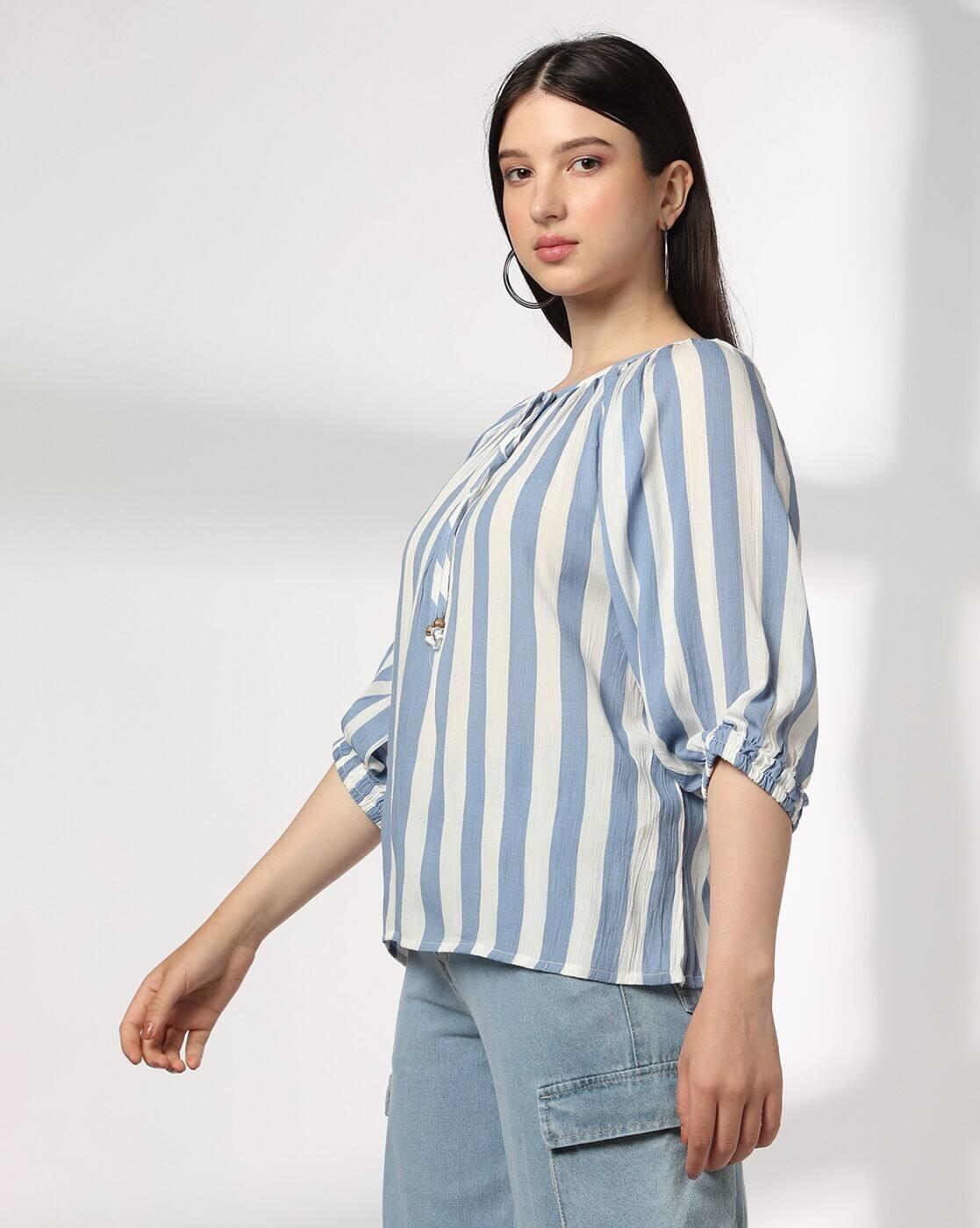 DNMX | Women Striped Relaxed Fit Round-Neck Top|1