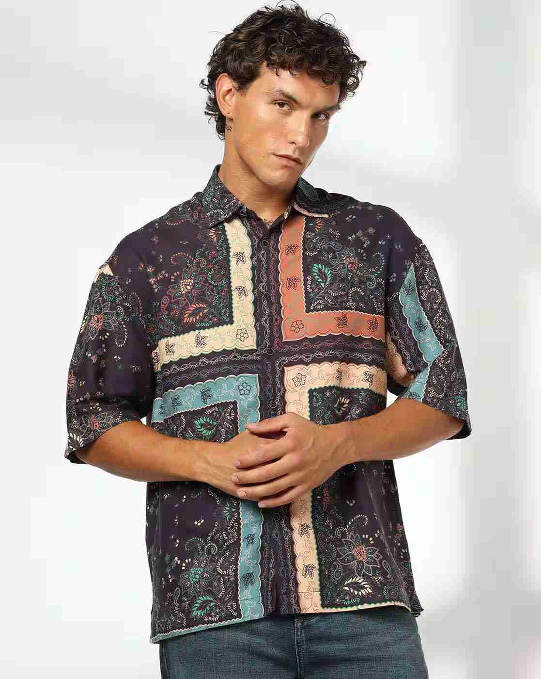 DNMX | Men Tropical Print Boxy Fit Shirt|0