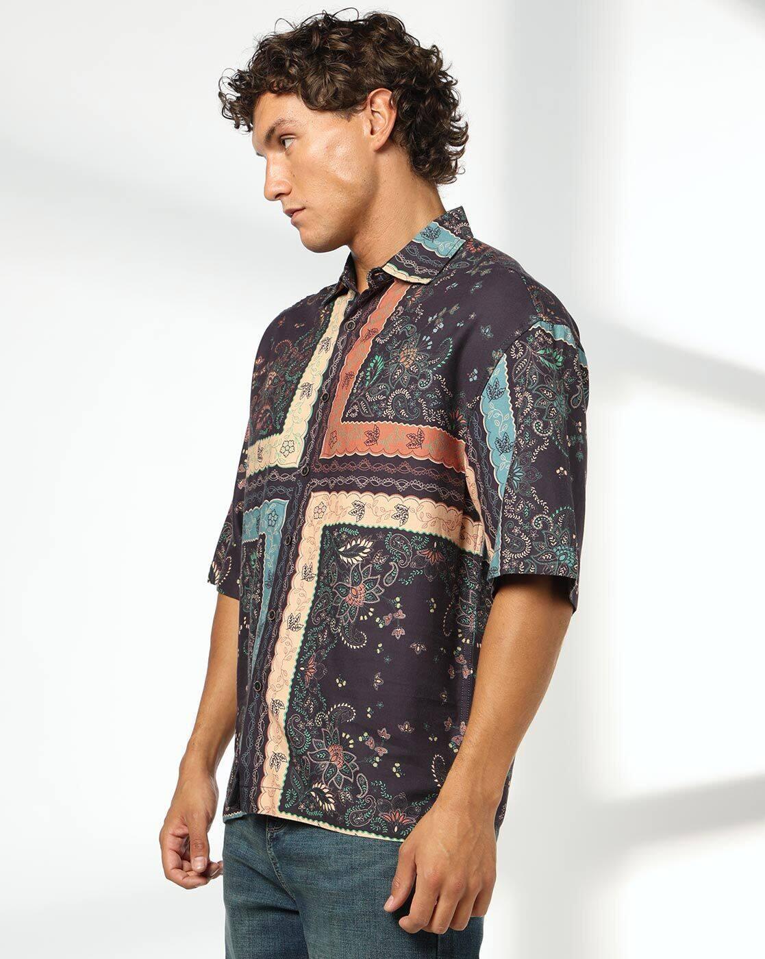 DNMX | Men Tropical Print Boxy Fit Shirt|1