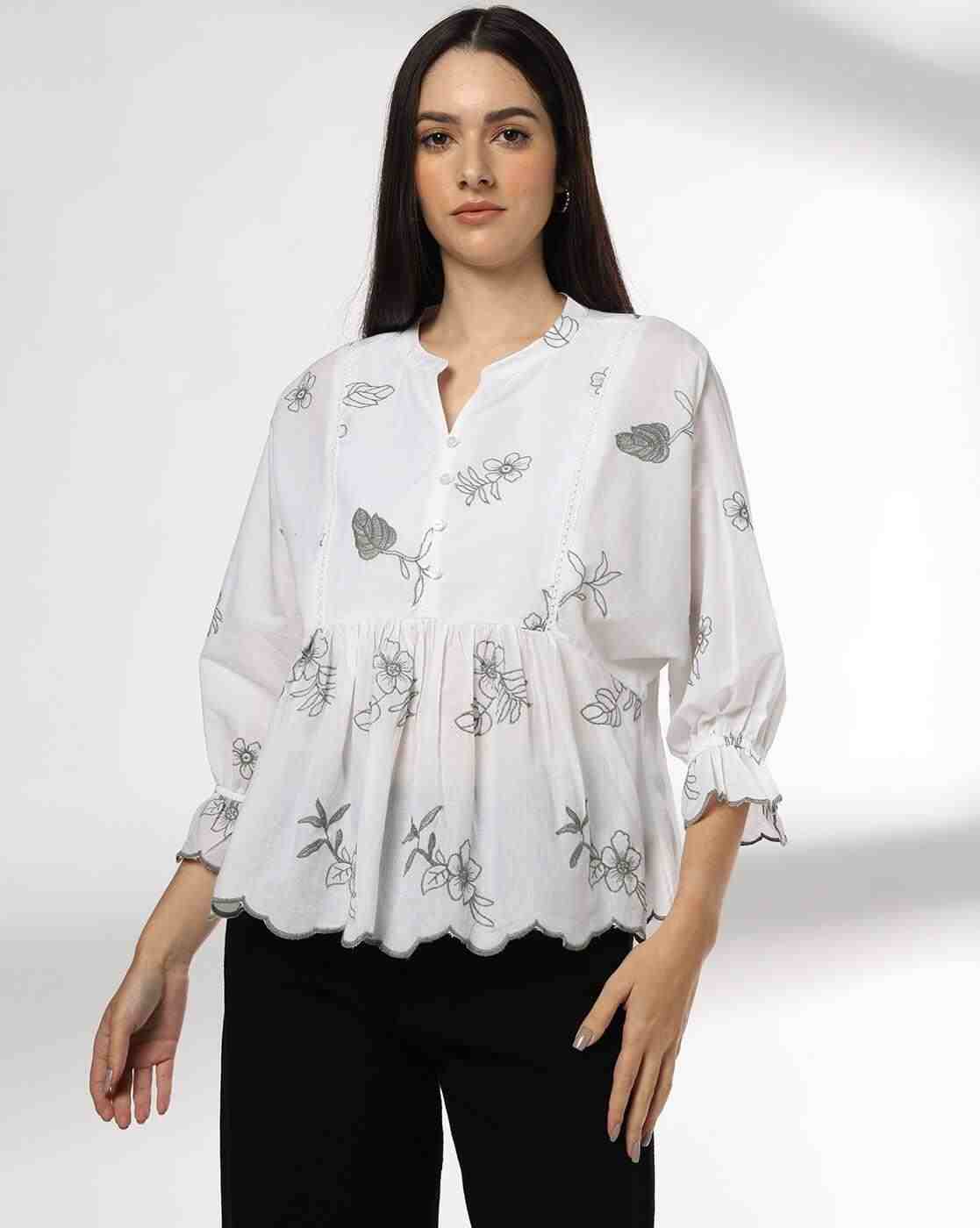 DNMX | Y-Notch Contrast Embroidered Peplum Top|0