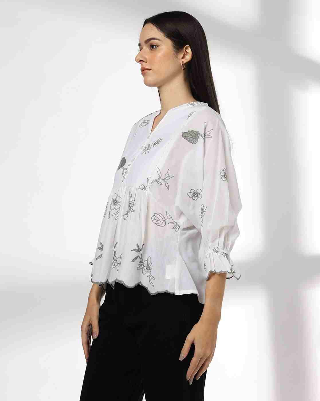 DNMX | Y-Notch Contrast Embroidered Peplum Top|1