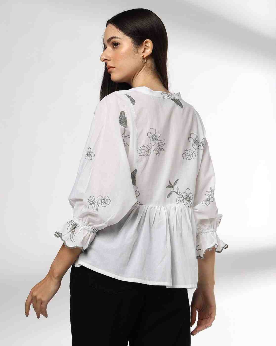 DNMX | Y-Notch Contrast Embroidered Peplum Top|2
