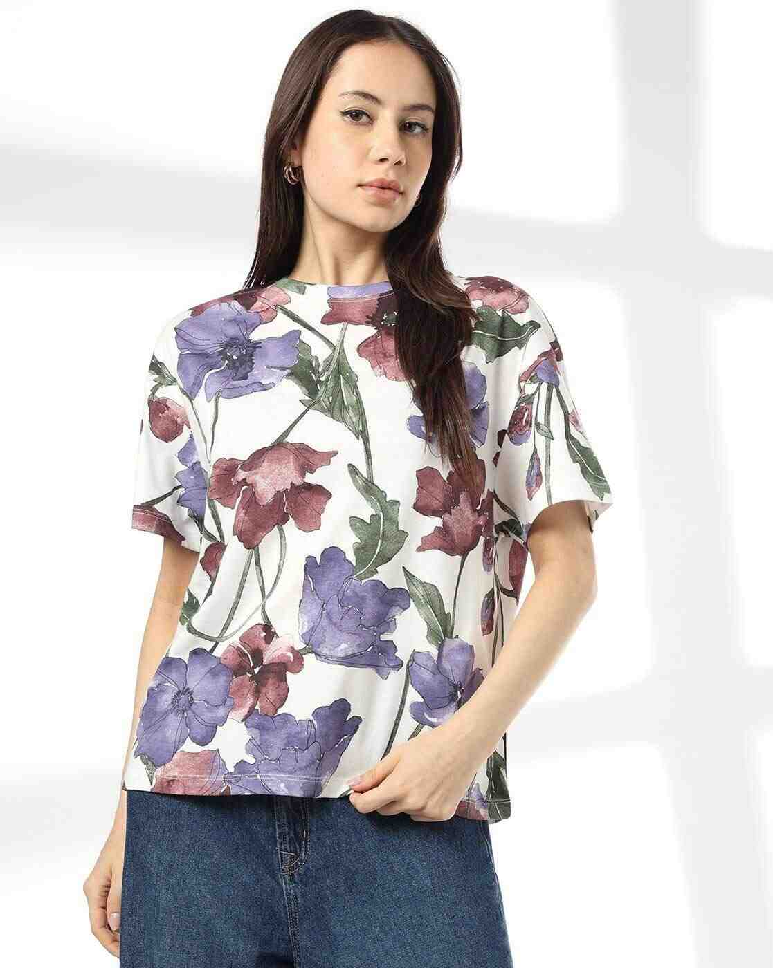 DNMX | Women Floral Print Loose Fit Crew-Neck T-Shirt|0