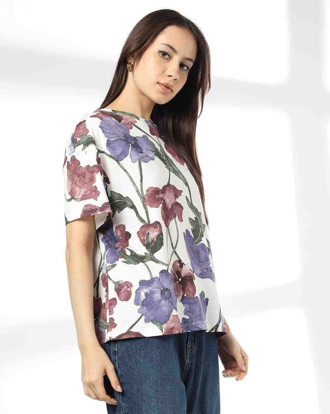 DNMX | Women Floral Print Loose Fit Crew-Neck T-Shirt|1