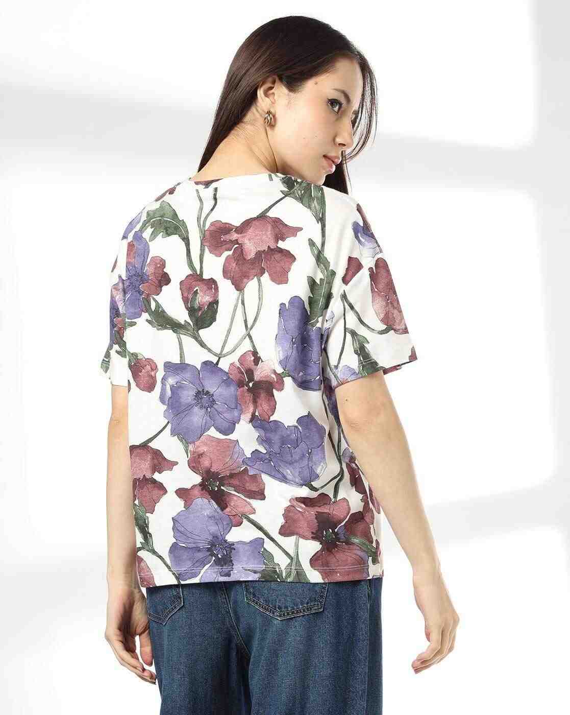 DNMX | Women Floral Print Loose Fit Crew-Neck T-Shirt|2