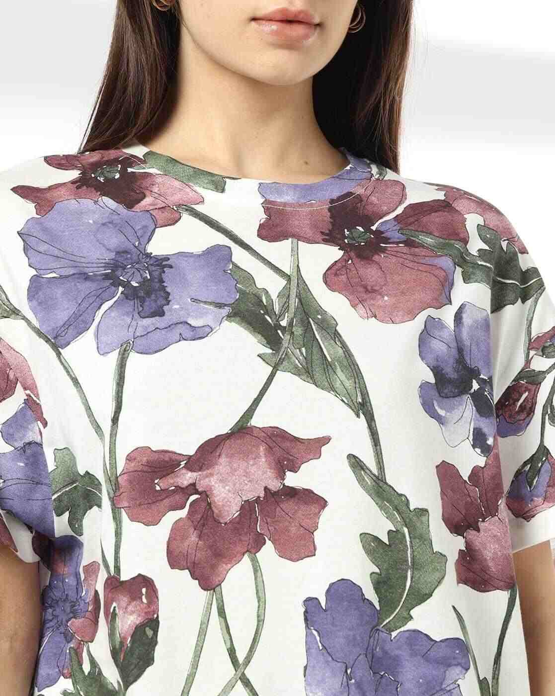 DNMX | Women Floral Print Loose Fit Crew-Neck T-Shirt|3