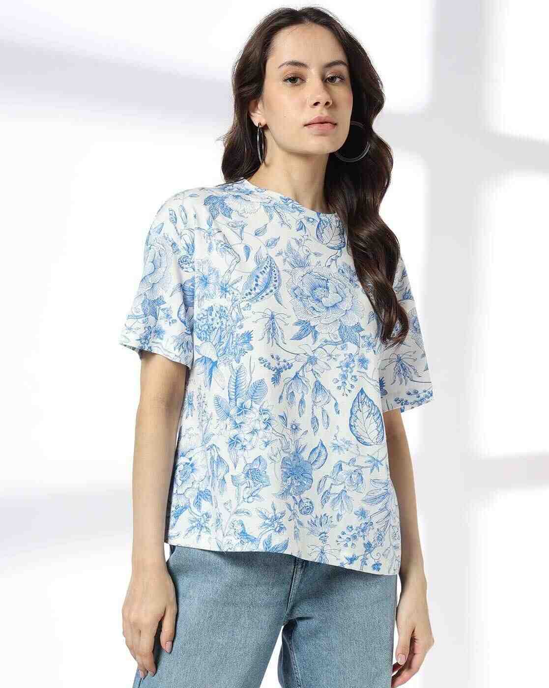DNMX | Women Leaf Print Loose Fit Crew-Neck T-Shirt|0