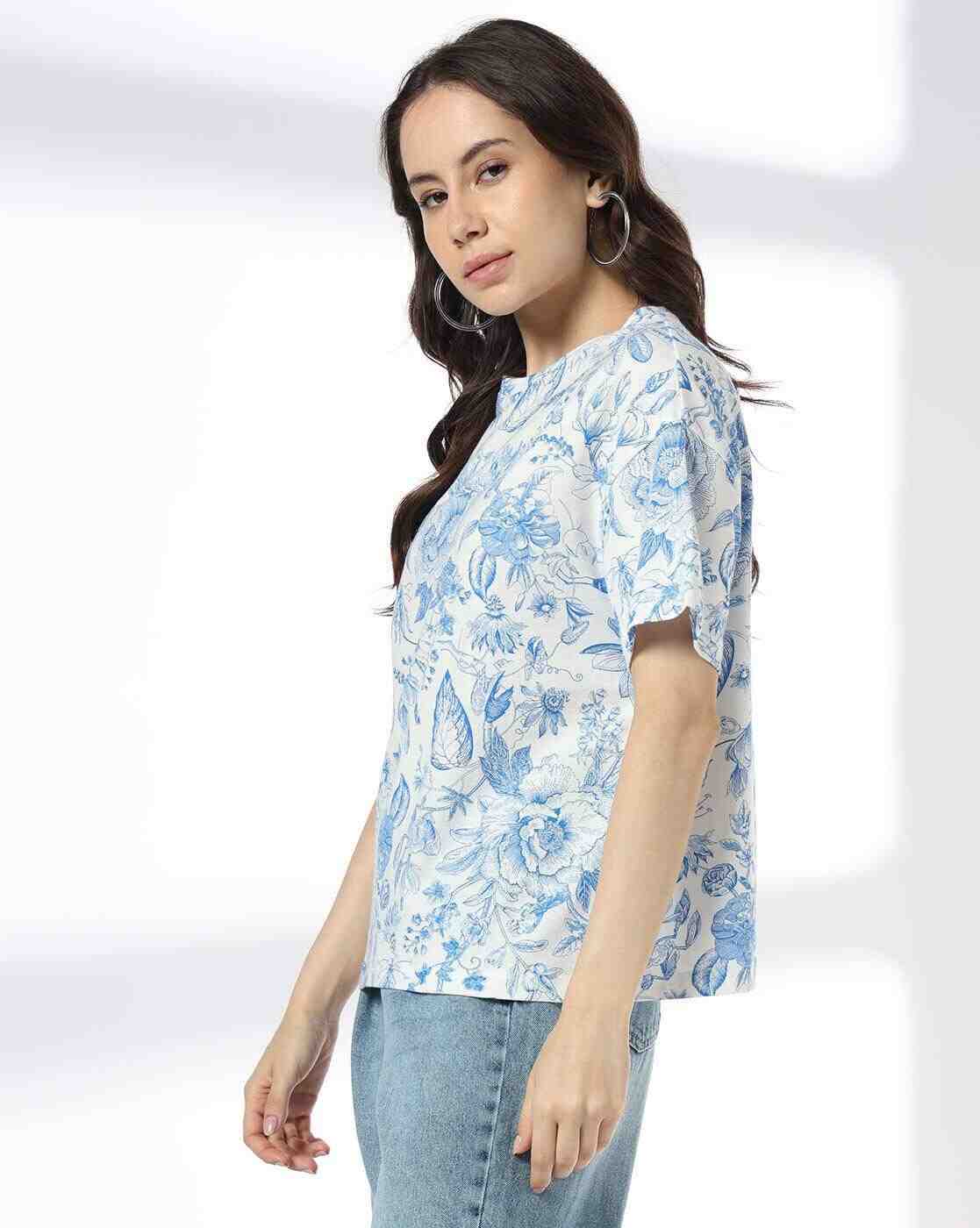 DNMX | Women Leaf Print Loose Fit Crew-Neck T-Shirt|1