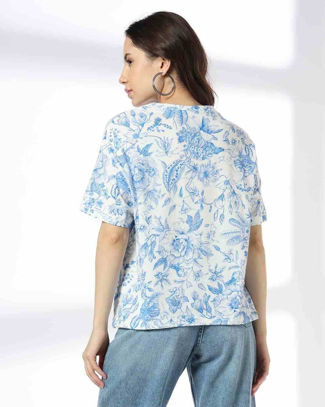 DNMX | Women Leaf Print Loose Fit Crew-Neck T-Shirt|2