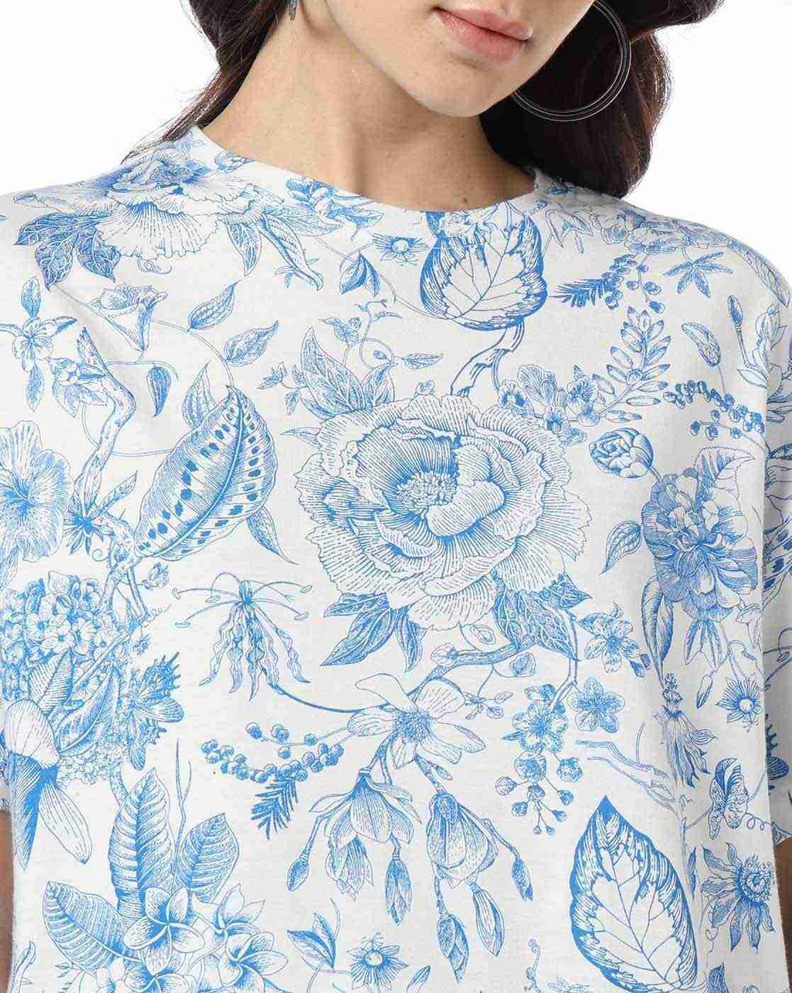 DNMX | Women Leaf Print Loose Fit Crew-Neck T-Shirt|3