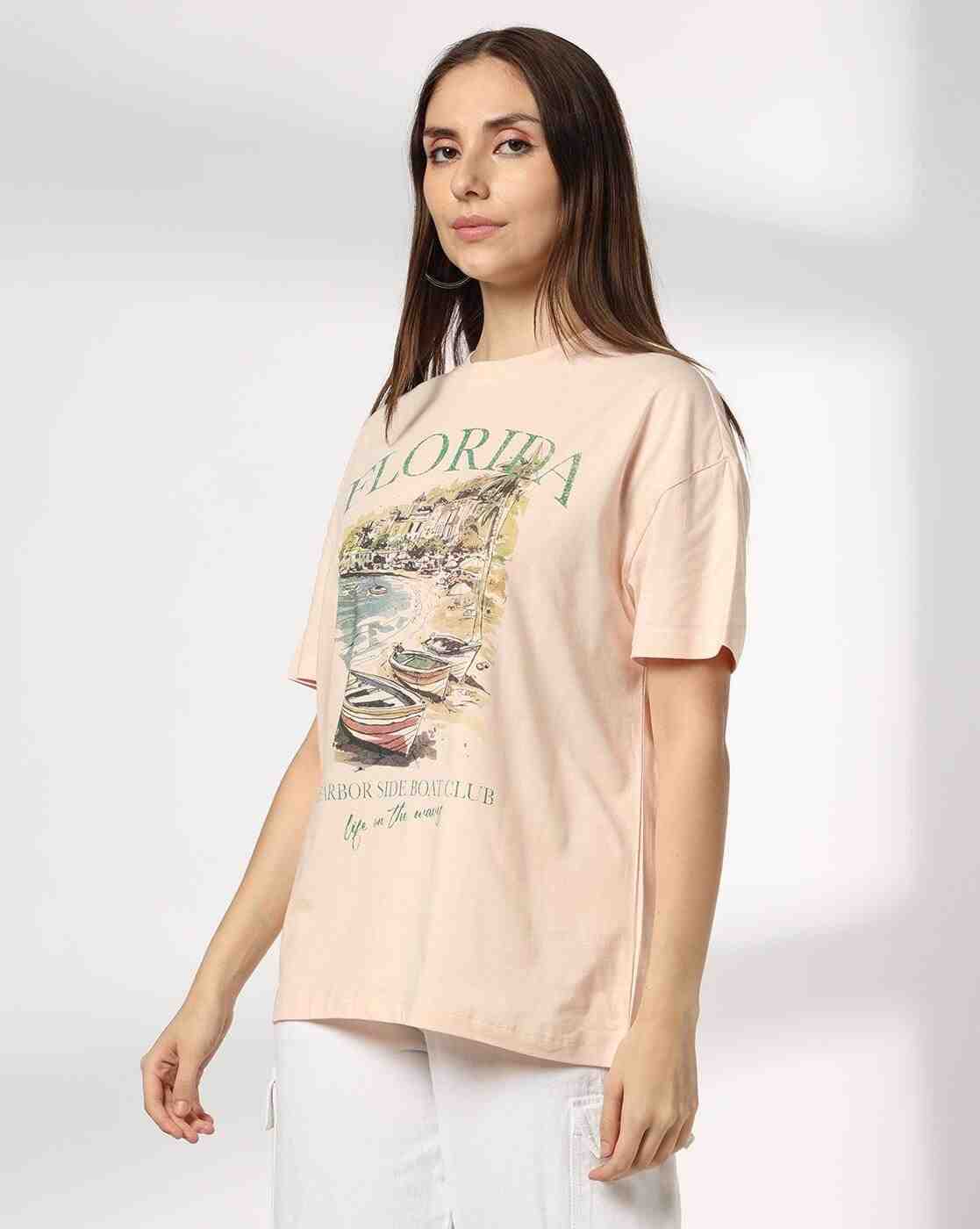 DNMX | Women Graphic Print Loose Fit Crew-Neck T-Shirt|1
