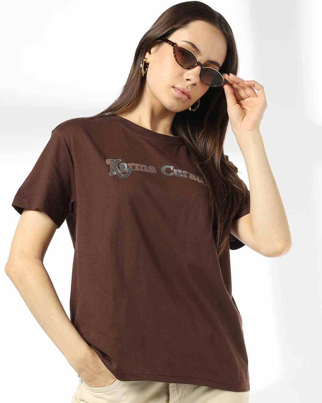 DNMX | Women Typographic Print Boxy Fit Crew-Neck T-Shirt|0