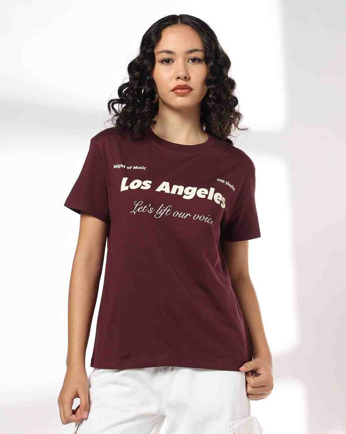 DNMX | Women Typographic Print Loose Fit Crew-Neck T-Shirt|0