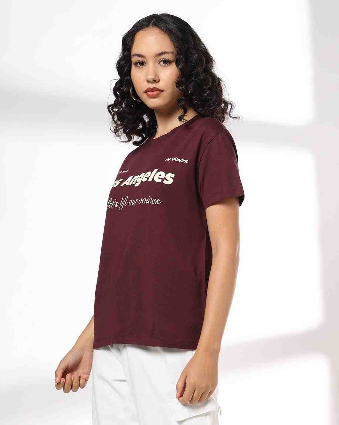 DNMX | Women Typographic Print Loose Fit Crew-Neck T-Shirt|1
