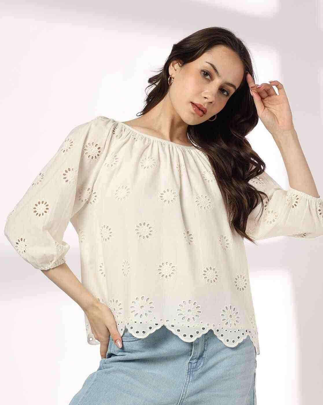 DNMX | Women Round Neck Schiffli Top with Scallop Hem|0