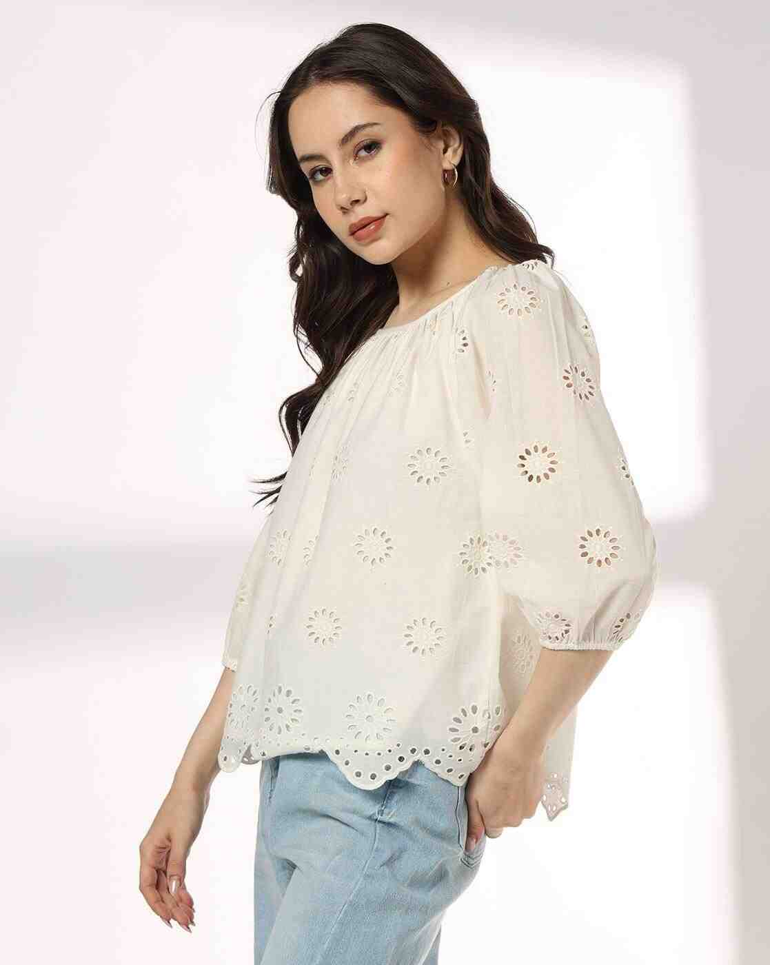 DNMX | Women Round Neck Schiffli Top with Scallop Hem|1