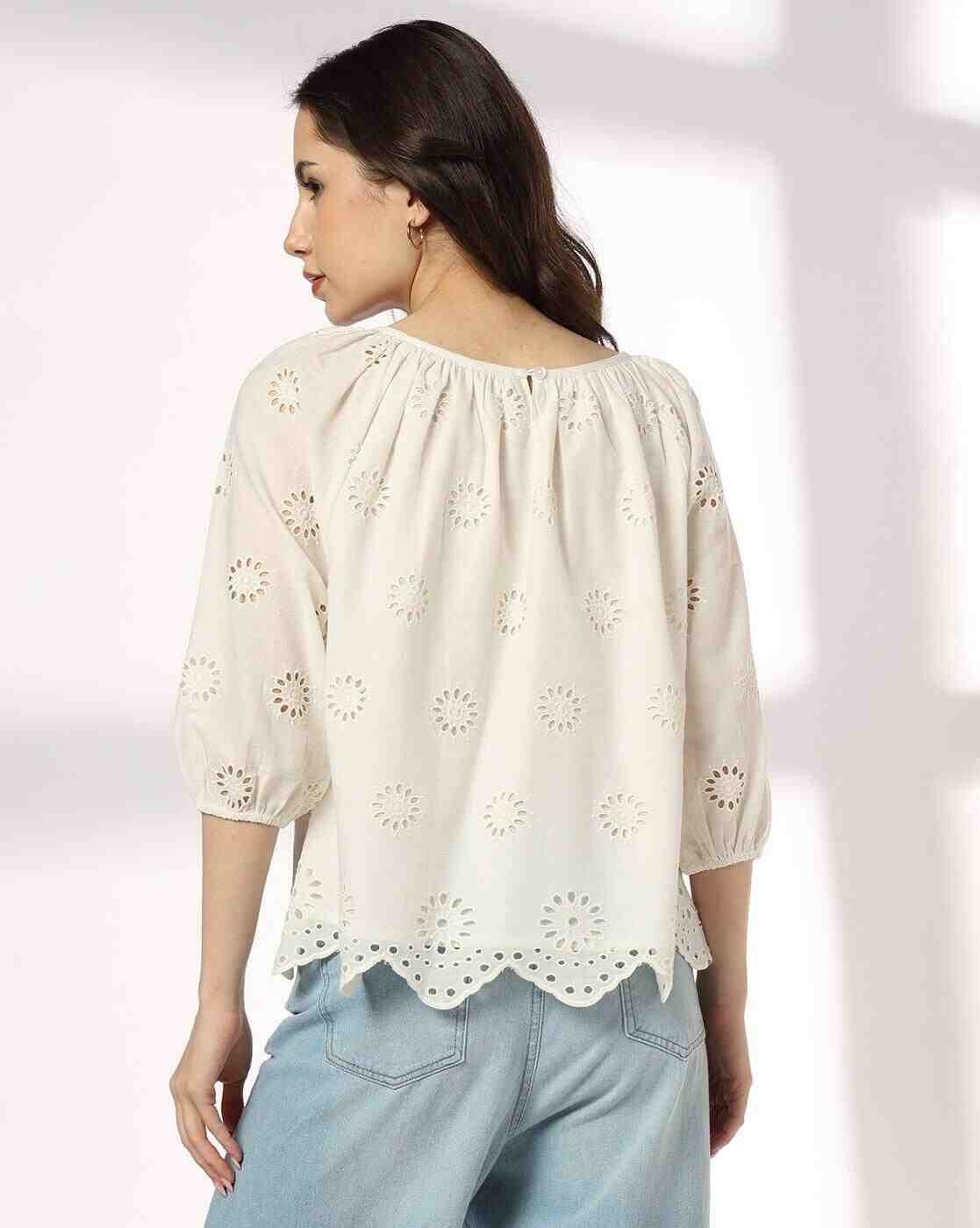 DNMX | Women Round Neck Schiffli Top with Scallop Hem|2